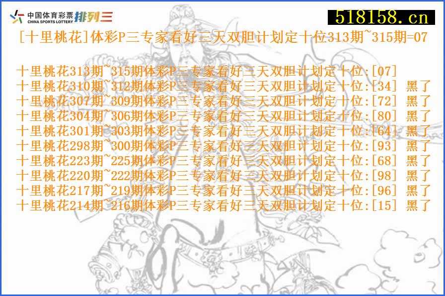 [十里桃花]体彩P三专家看好三天双胆计划定十位313期~315期=07