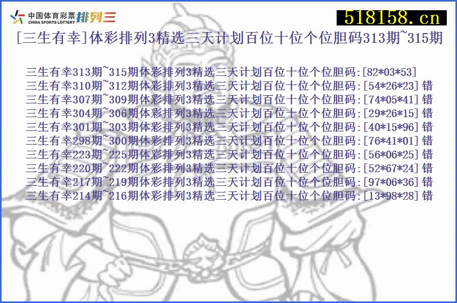 [三生有幸]体彩排列3精选三天计划百位十位个位胆码313期~315期