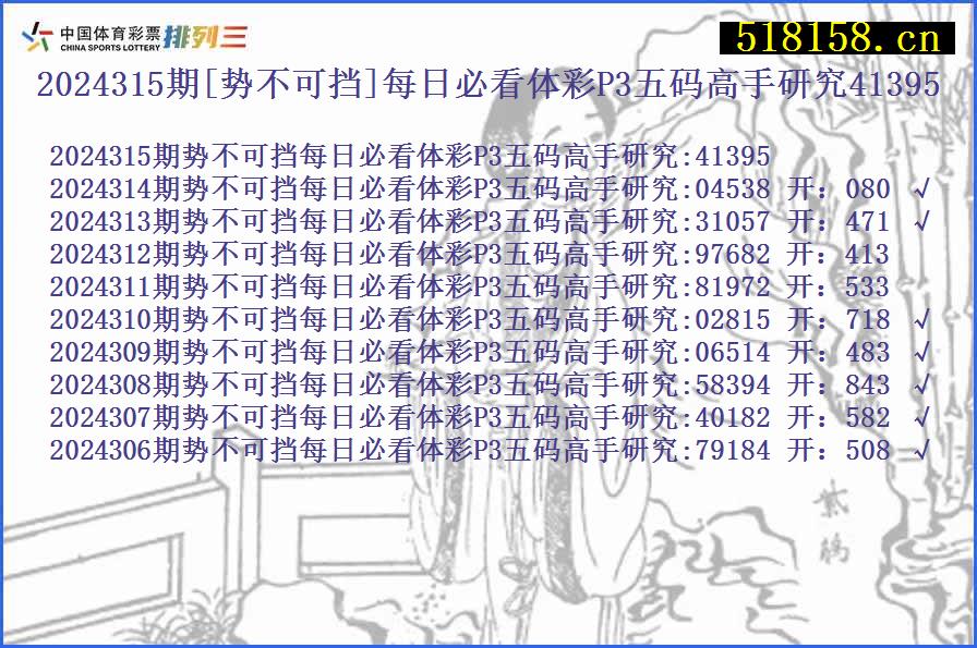 2024315期[势不可挡]每日必看体彩P3五码高手研究41395