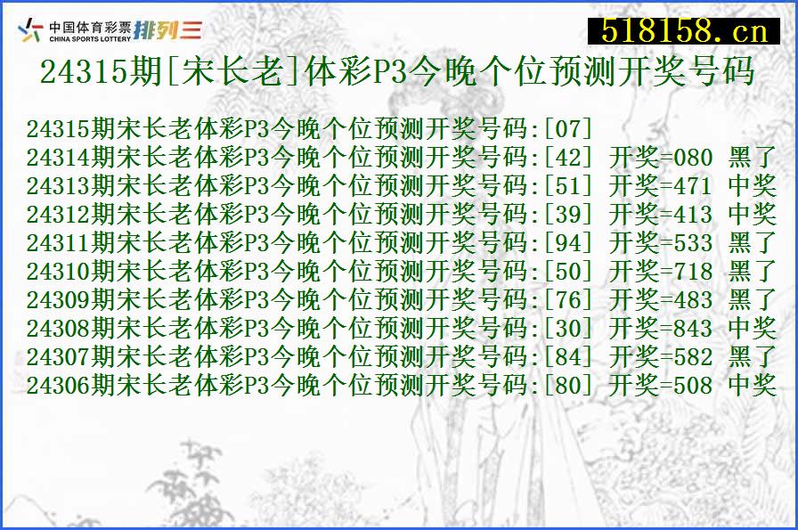 24315期[宋长老]体彩P3今晚个位预测开奖号码