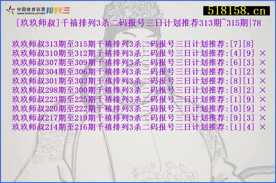 [玖玖师叔]千禧排列3杀二码报号三日计划推荐313期~315期|78