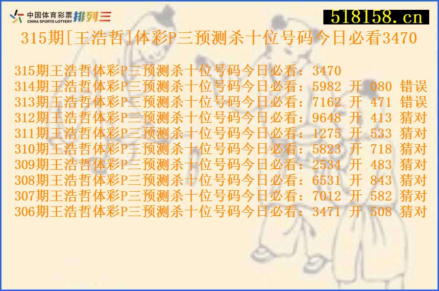 315期[王浩哲]体彩P三预测杀十位号码今日必看3470