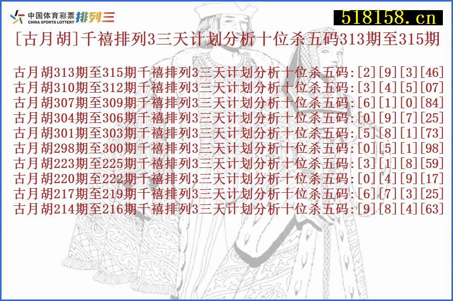 [古月胡]千禧排列3三天计划分析十位杀五码313期至315期