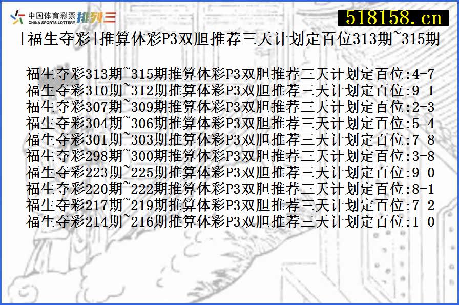 [福生夺彩]推算体彩P3双胆推荐三天计划定百位313期~315期