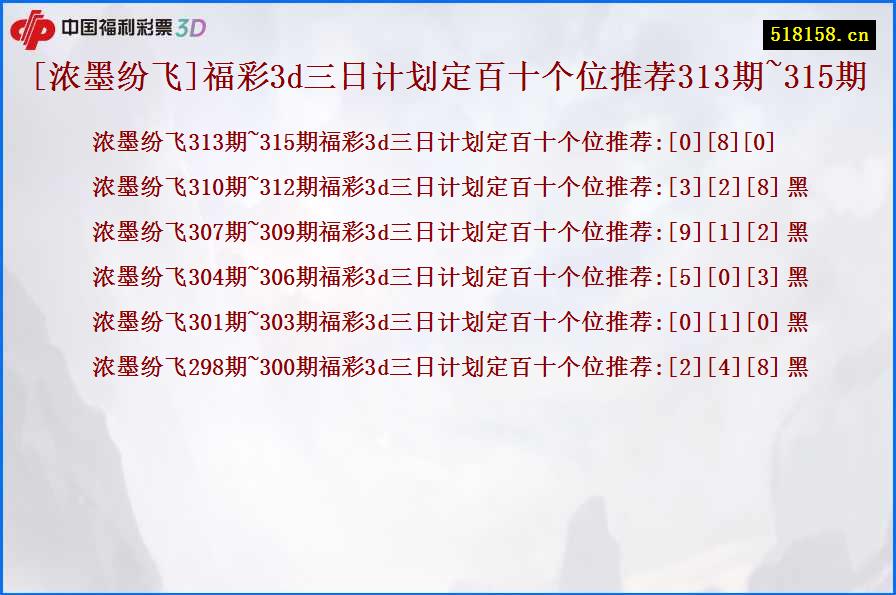 [浓墨纷飞]福彩3d三日计划定百十个位推荐313期~315期