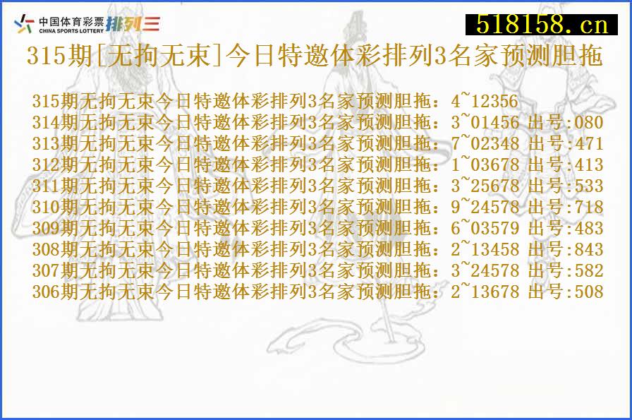 315期[无拘无束]今日特邀体彩排列3名家预测胆拖