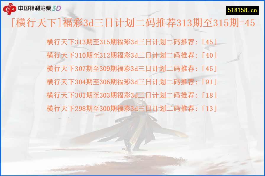 [横行天下]福彩3d三日计划二码推荐313期至315期=45