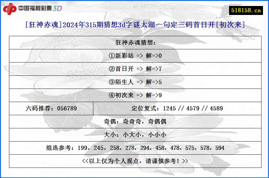 [狂神赤魂]2024年315期猜想3d字谜太湖一句定三码首日开[初次来]