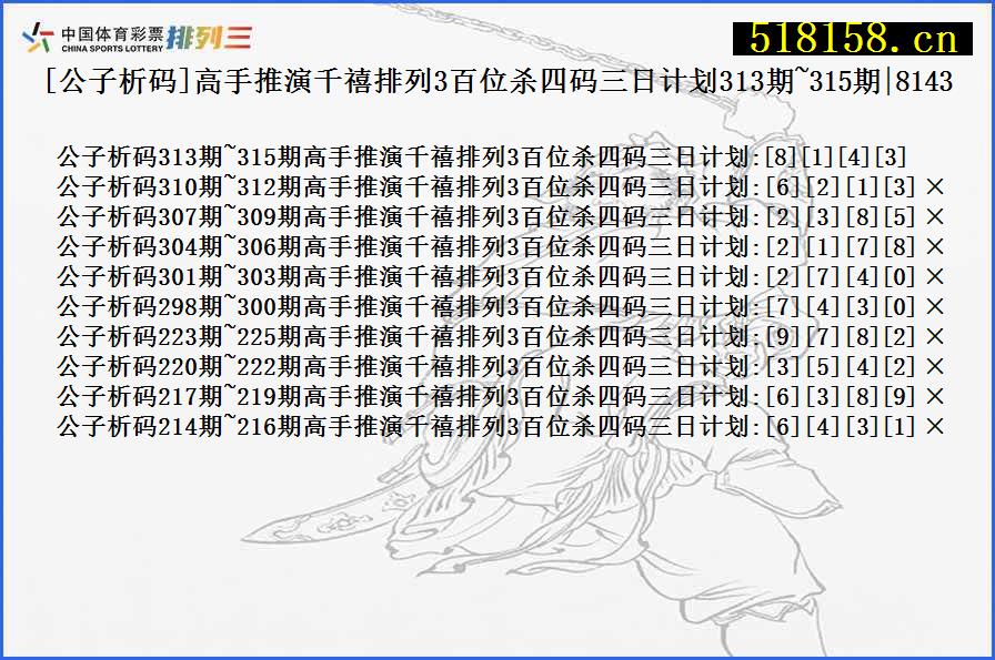 [公子析码]高手推演千禧排列3百位杀四码三日计划313期~315期|8143