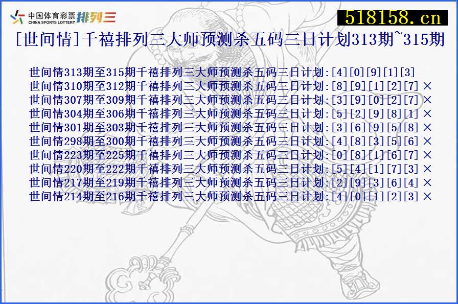 [世间情]千禧排列三大师预测杀五码三日计划313期~315期