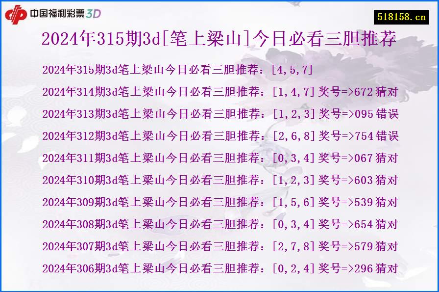 2024年315期3d[笔上梁山]今日必看三胆推荐