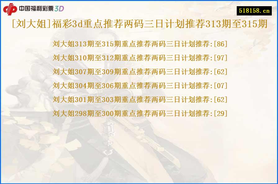 [刘大姐]福彩3d重点推荐两码三日计划推荐313期至315期