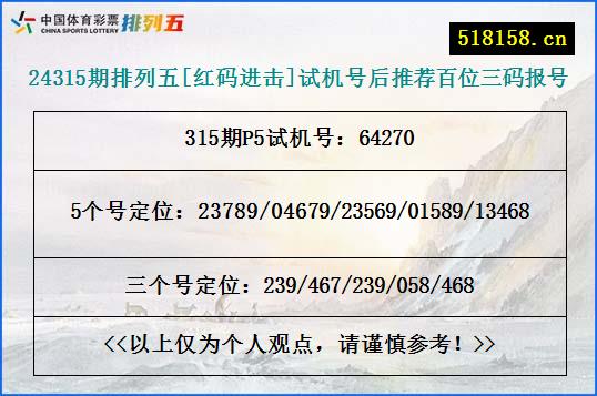 24315期排列五[红码进击]试机号后推荐百位三码报号