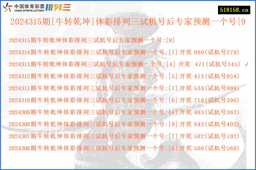 2024315期[牛转乾坤]体彩排列三试机号后专家预测一个号|9