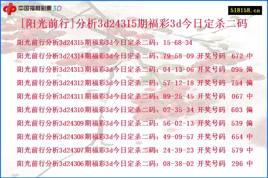 [阳光前行]分析3d24315期福彩3d今日定杀二码