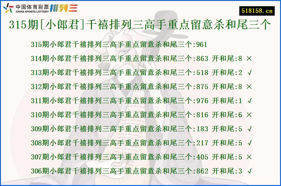 315期[小郎君]千禧排列三高手重点留意杀和尾三个