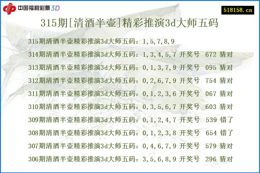 315期[清酒半壶]精彩推演3d大师五码