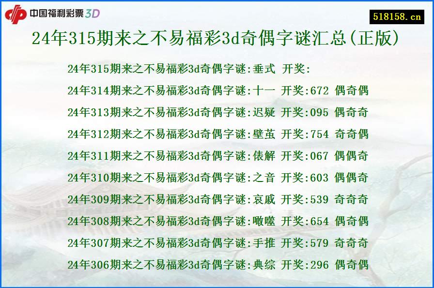 24年315期来之不易福彩3d奇偶字谜汇总(正版)