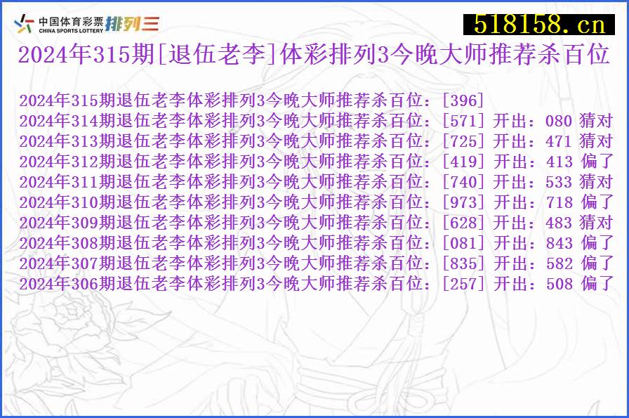 2024年315期[退伍老李]体彩排列3今晚大师推荐杀百位