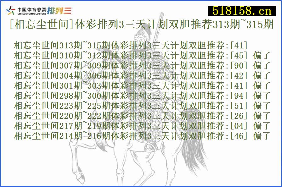 [相忘尘世间]体彩排列3三天计划双胆推荐313期~315期