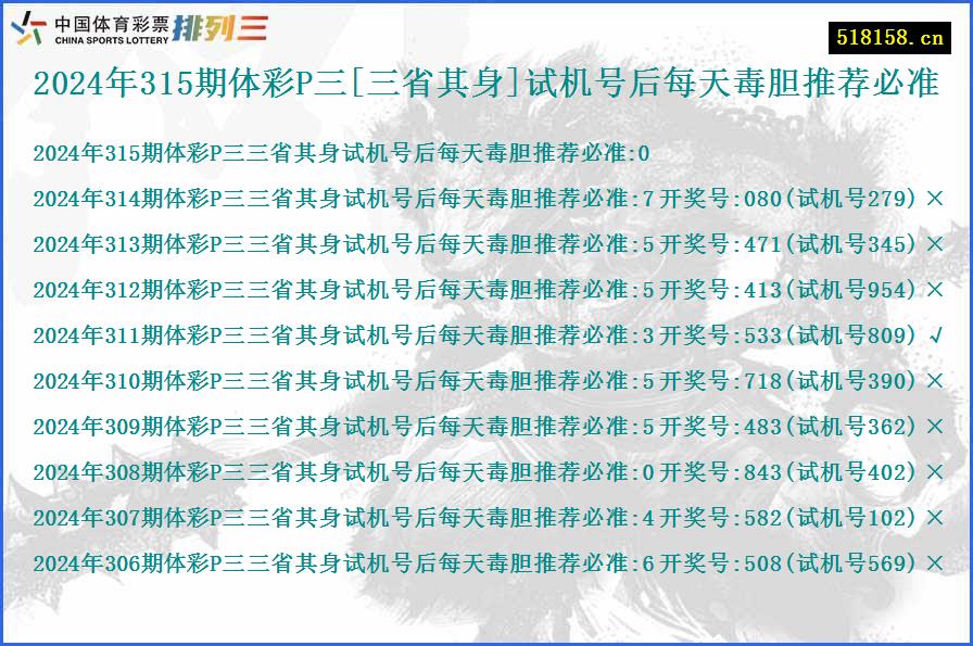 2024年315期体彩P三[三省其身]试机号后每天毒胆推荐必准