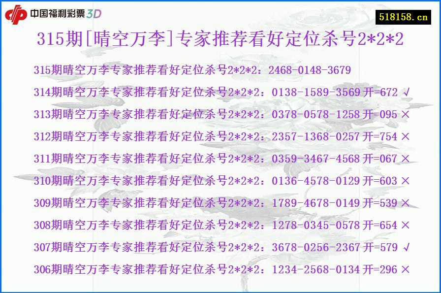 315期[晴空万李]专家推荐看好定位杀号2*2*2