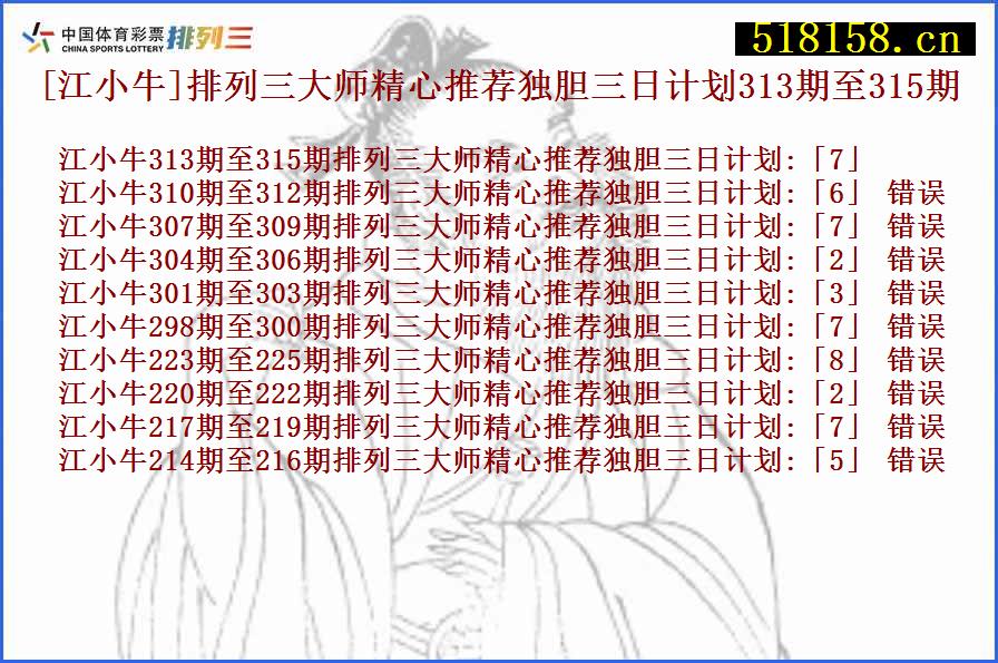 [江小牛]排列三大师精心推荐独胆三日计划313期至315期