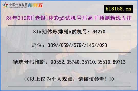 24年315期[老银]体彩p5试机号后高手预测精选五注