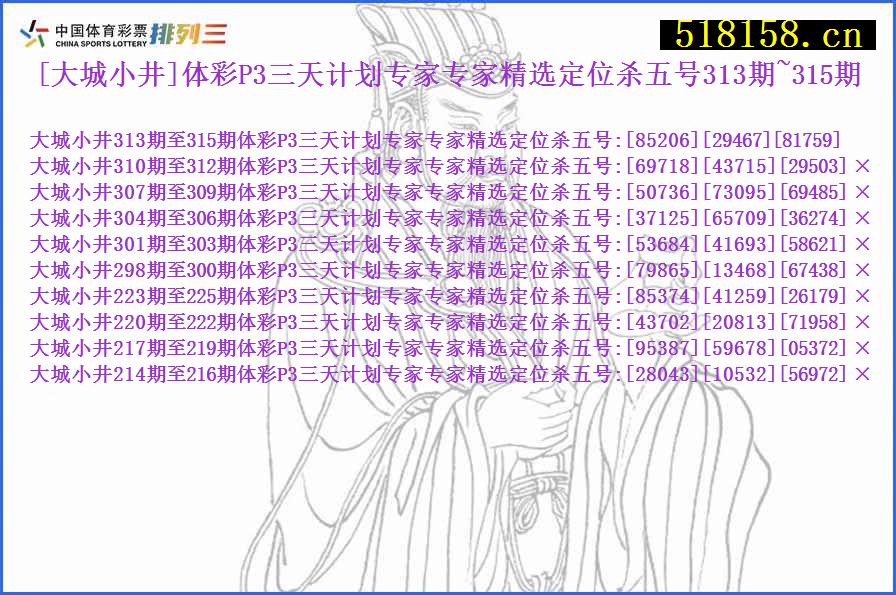 [大城小井]体彩P3三天计划专家专家精选定位杀五号313期~315期