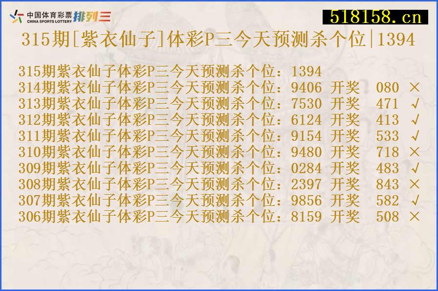 315期[紫衣仙子]体彩P三今天预测杀个位|1394