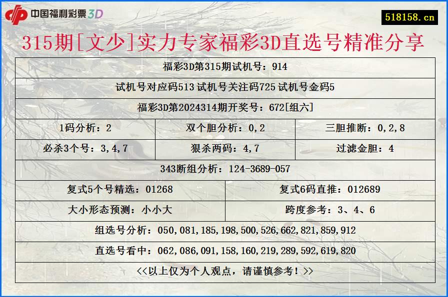 315期[文少]实力专家福彩3D直选号精准分享