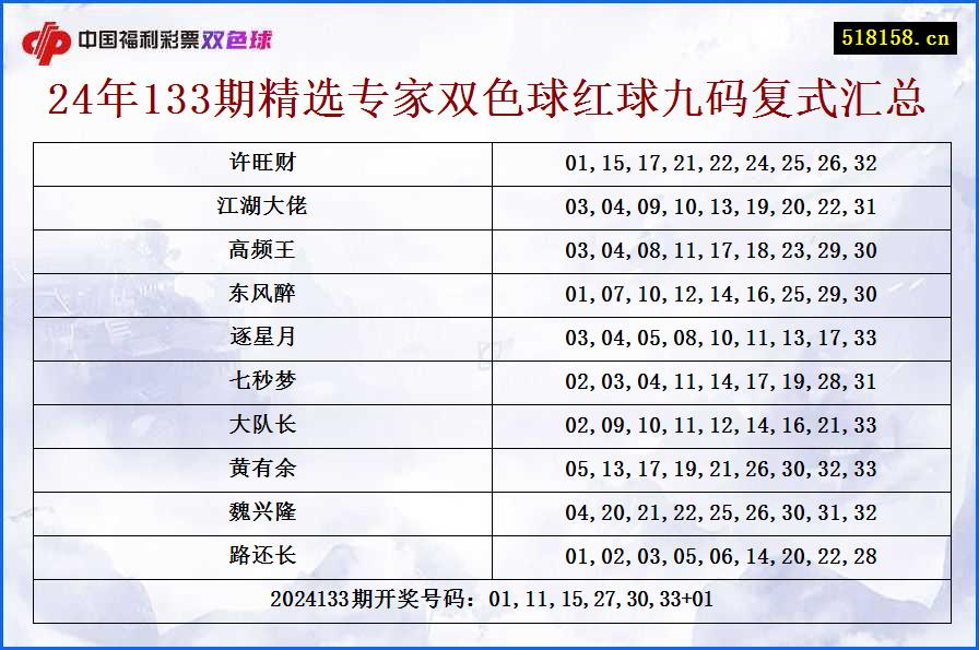 24年133期精选专家双色球红球九码复式汇总