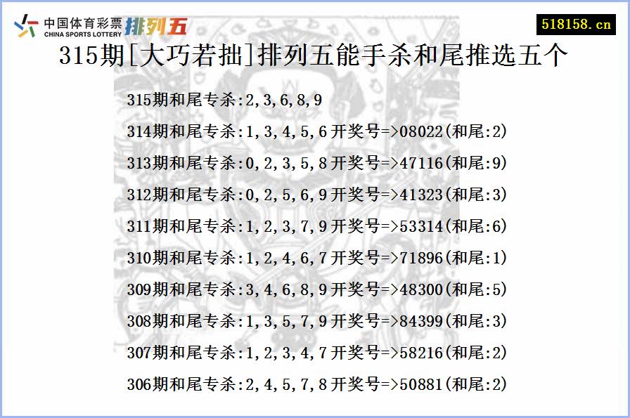 315期[大巧若拙]排列五能手杀和尾推选五个