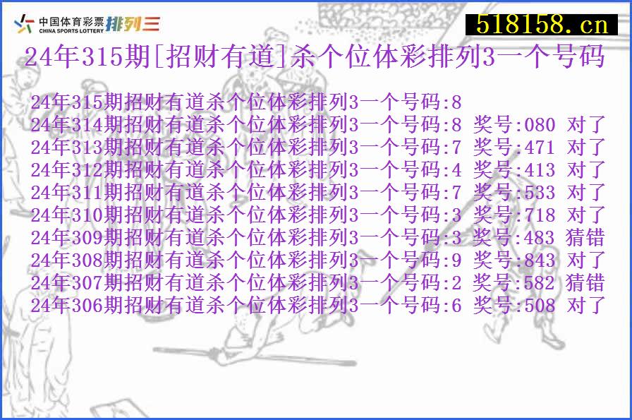 24年315期[招财有道]杀个位体彩排列3一个号码