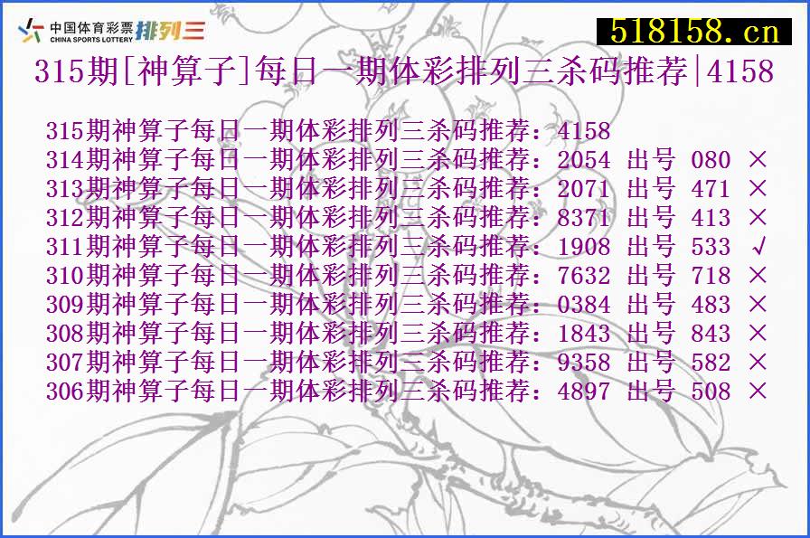 315期[神算子]每日一期体彩排列三杀码推荐|4158