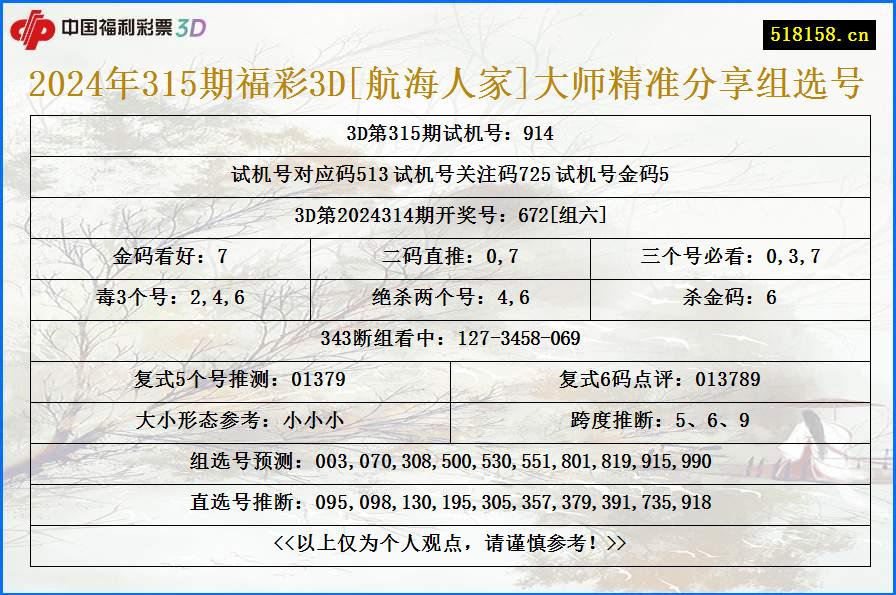 2024年315期福彩3D[航海人家]大师精准分享组选号