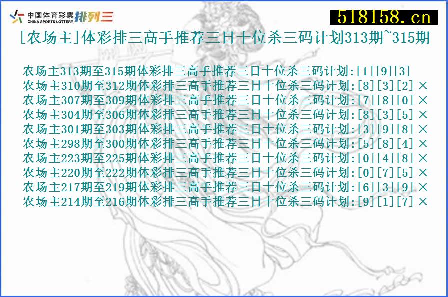 [农场主]体彩排三高手推荐三日十位杀三码计划313期~315期