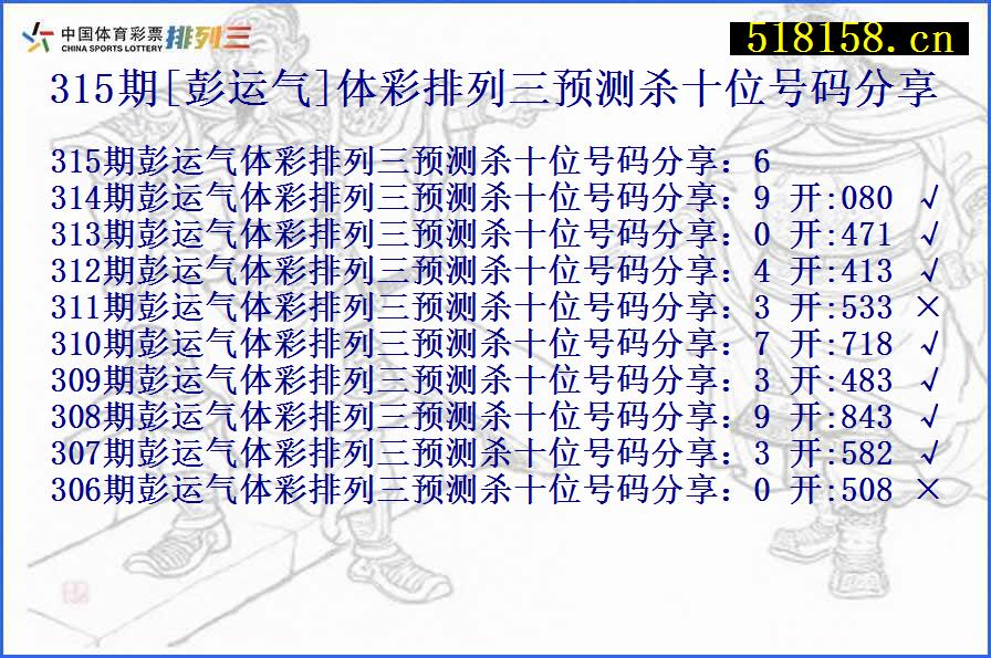 315期[彭运气]体彩排列三预测杀十位号码分享