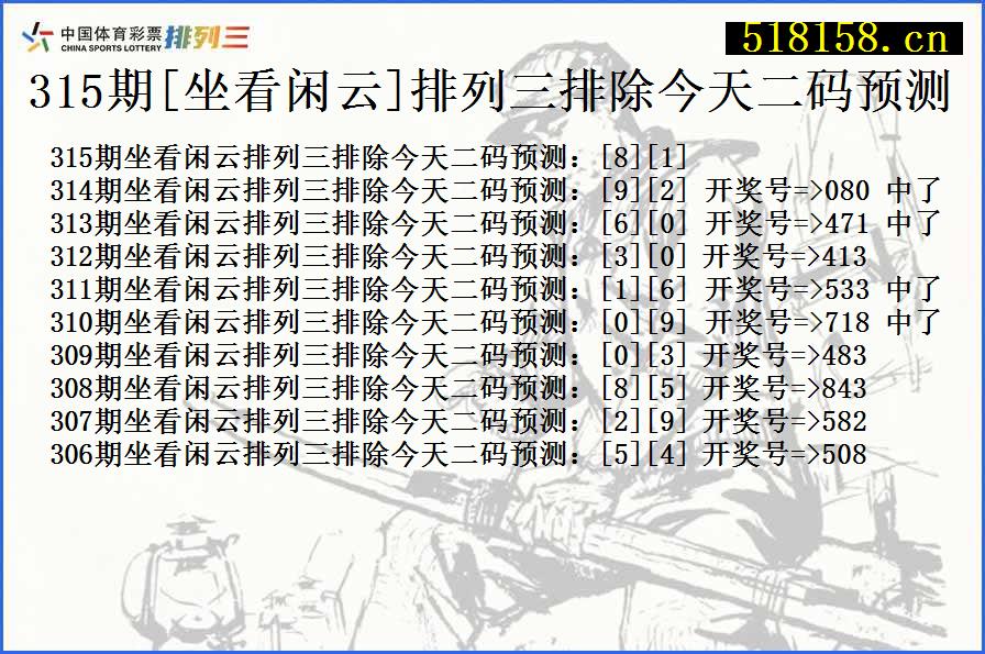 315期[坐看闲云]排列三排除今天二码预测