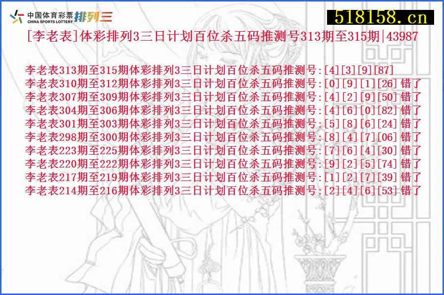 [李老表]体彩排列3三日计划百位杀五码推测号313期至315期|43987