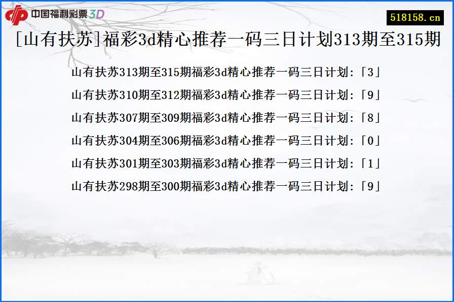 [山有扶苏]福彩3d精心推荐一码三日计划313期至315期