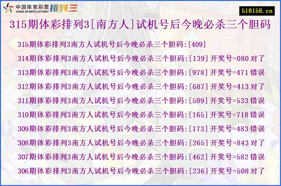 315期体彩排列3[南方人]试机号后今晚必杀三个胆码