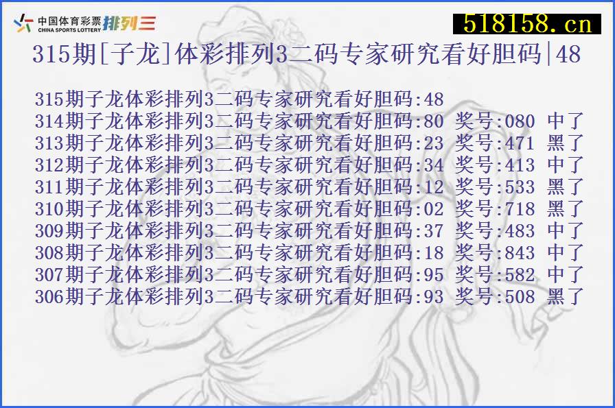 315期[子龙]体彩排列3二码专家研究看好胆码|48