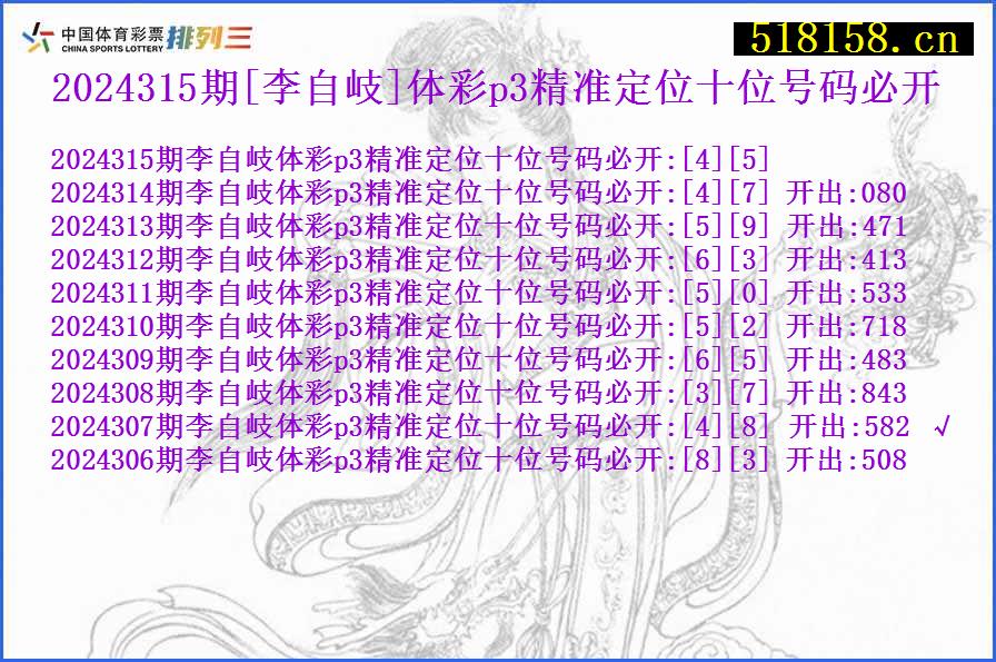 2024315期[李自岐]体彩p3精准定位十位号码必开