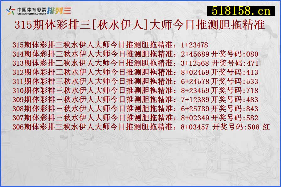 315期体彩排三[秋水伊人]大师今日推测胆拖精准