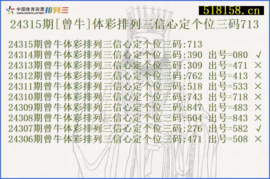 24315期[曾牛]体彩排列三信心定个位三码713