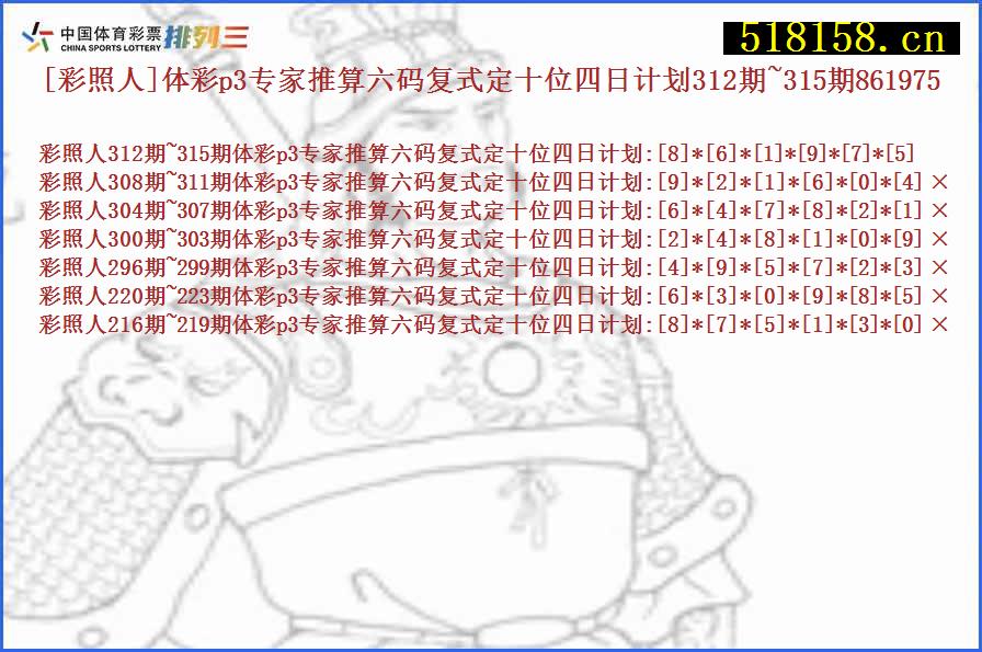 [彩照人]体彩p3专家推算六码复式定十位四日计划312期~315期861975