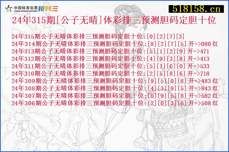 24年315期[公子无晴]体彩排三预测胆码定胆十位