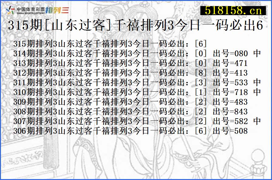 315期[山东过客]千禧排列3今日一码必出6