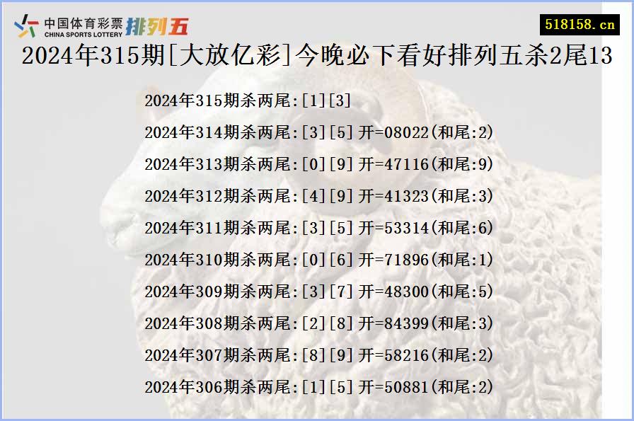 2024年315期[大放亿彩]今晚必下看好排列五杀2尾13